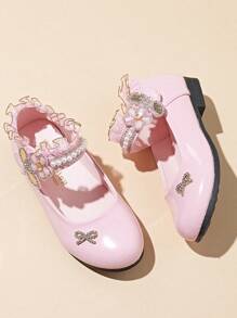 1pair Rhinestone Decorated Girl's Soft Sole, Breathable, Lightweight Leather Princess Low Heel Dance Shoes, Suitable For Performance, Parties, Wear All Seasons