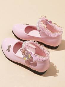1pair Rhinestone Decorated Girl's Soft Sole, Breathable, Lightweight Leather Princess Low Heel Dance Shoes, Suitable For Performance, Parties, Wear All Seasons