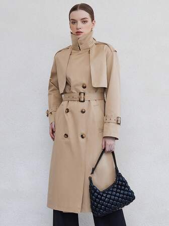 ZIAI 女士时尚翻领双排扣中长款风衣，带腰带和口袋，长款插肩袖