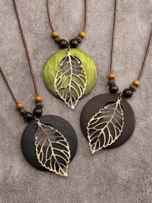 1pc Retro Bohemian Style Wooden Alloy Leaf Pendant Necklace, Fashion Halloween Holiday Gift Decoration, Unisex Jewelry, Student Souvenir Gift