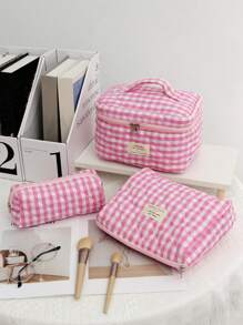 Quilted Makeup Bag Set Cosmetic Bag Aesthetic Travel Toiletry Bags Cute Pouch Kawaii Aesthetic Make Up Bag Travel Plaid Make Up Organizer Bag With Zipper Pouch Chere Checkered Cosmetic Pouch Make Up Travel Purse Organizer Large Capacity Pencil Case Makeup Brushes Storage Bag Vacation Travel Toiletry Bag For Bathrooom ,Wedding Gift ,Bridesmaid Gift ,Birthday Day Gift ,Friends,Valentine's Day,Monter's Day Gift Bathroom Accessories Back To School