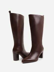 Where’s That From ELDER BLOCK HEEL KNEE HIGH BOOTS WITH SIDE ZIP - Dark Brown PU - View 3