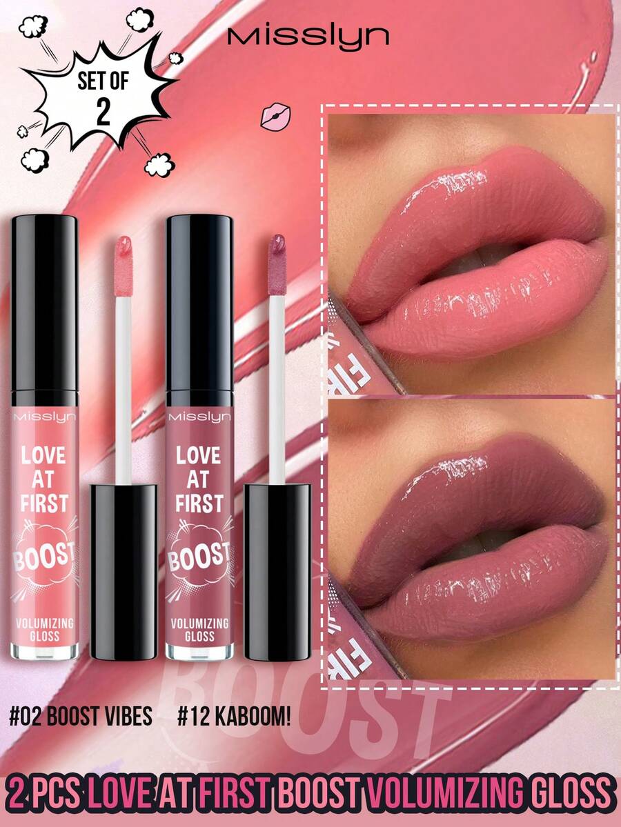 Misslyn 2支装 Love At First Boost 丰盈唇彩。Love At First Boost 丰盈唇彩，保湿唇彩，持久水润甜美唇彩，适合Y2K妆容、派对、海滩、旅行、度假、露营、户外活动、送礼、玫瑰时尚、新年妆容、角色扮演、最佳旅行、节日、缤纷色彩、校园、学校、春节、情人节礼物，纯素，无动物实验 - 02+12 - 查看 1