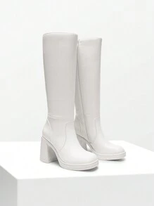 Women's Chunky Block Heel Knee High Boots Square Toe  Side Zipper Platform Solid Color Fashionable Gogo Boots - 白色 - 查看 7