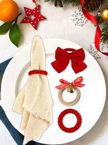 1/6pcs, Christmas Big Red Bow Bell Napkin Rings. Suitable For Christmas Table Decoration Napkin Rings - Multicolor - View 6