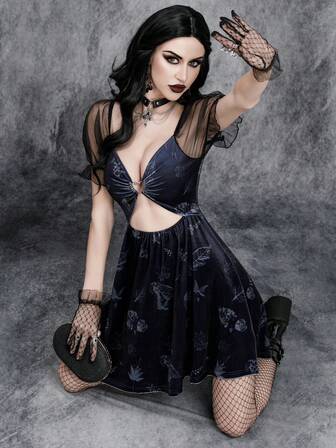 Gothic Dark Halloween Women's Sexy Mini Dress Mesh Puff Sleeves, Velvet Dress With Printed Leaves