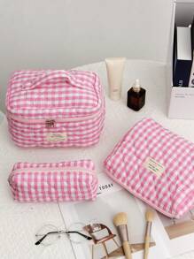 Quilted Makeup Bag Set Cosmetic Bag Aesthetic Travel Toiletry Bags Cute Pouch Kawaii Aesthetic Make Up Bag Travel Plaid Make Up Organizer Bag With Zipper Pouch Chere Checkered Cosmetic Pouch Make Up Travel Purse Organizer Large Capacity Pencil Case Makeup Brushes Storage Bag Vacation Travel Toiletry Bag For Bathrooom ,Wedding Gift ,Bridesmaid Gift ,Birthday Day Gift ,Friends,Valentine's Day,Monter's Day Gift Bathroom Accessories Back To School
