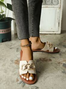 （加大码和宽松版型）女士新款可调节带子拖鞋，夏季休闲平底舒适一脚蹬凉鞋 - 米色 - 查看 5