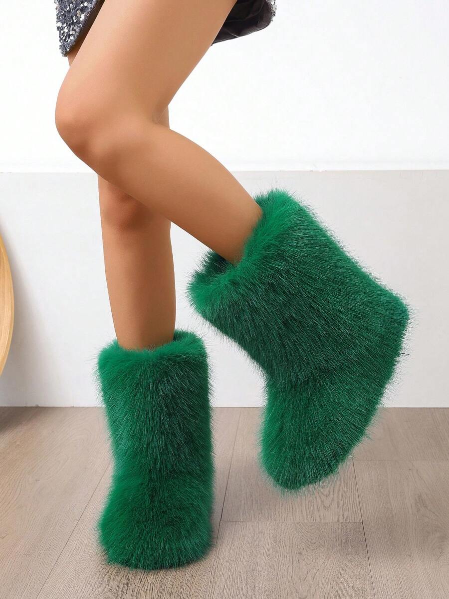 Giày bốt lông xù cho nữ Giày bốt lông giữa bắp chân thoải mái Giày đế bằng ngoài trời ấm áp mùa đông Giày bốt đi tuyết bề mặt nhung màu xanh lá cây