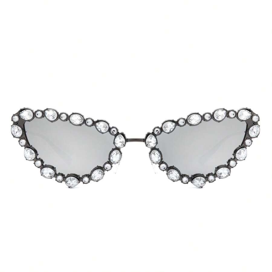 Cat Eye Sunglasses Rhinestone Embellished Luxury Frame With Polarized UV Mirrored Lenses, Glamorous Women's Designer Glasses For Women's Luxury Vibes, Evening Events, Celebrations, Weddings And Red Carpet Looks - 灰色 - 查看 1