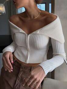 Y2K lässige Strickjacke mit Umlegekragen, Reißverschluss, geripptem Strick, Revers, Armausschnitt und langem Ärmel, Basis T-Shirt Pullover Top