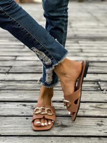 (Szerokie dopasowanie) Sandały z kwadratowym noskiem i klamrą, nowe letnie swobodne, outdoorowe, antypoślizgowe, płaskie, francuskie, modne kapcie dla kobiet, Ins Viral