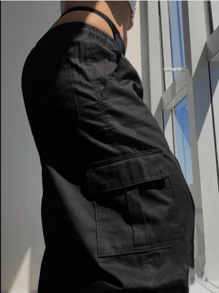 Men's Wide Leg Cargo Jeans And Twill Skate Pants Khaki 6 Pockets Drawstring Closure Unisex