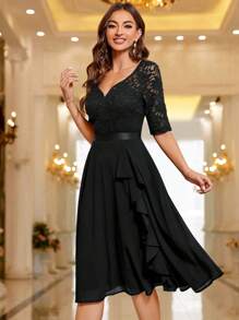 MIUSOL 心形领口花卉蕾丝荷叶边鸡尾酒会摆裙婚礼宾客礼服舞会礼服，情人节 - 黑色 - 查看 7