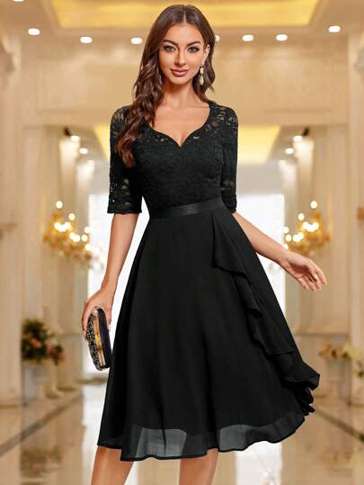 MIUSOL Sweetheart Neck Floral Lace Ruffle Trim Cocktail Party Swing Dress Wedding Guest Dress Prom Dress