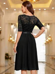 MIUSOL 心形领口花卉蕾丝荷叶边鸡尾酒会摆裙婚礼宾客礼服舞会礼服，情人节 - 黑色 - 查看 3