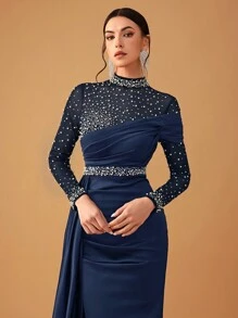 YISIKADO 女士优雅性感网眼串珠拼布缎面立领长袖晚礼服、正式礼服、适合婚礼嘉宾、毕业典礼、晚宴派对礼服 - 藏蓝色 - 查看 7