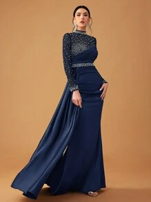 YISIKADO 女士优雅性感网眼串珠拼布缎面立领长袖晚礼服、正式礼服、适合婚礼嘉宾、毕业典礼、晚宴派对礼服 - 藏蓝色 - 查看 4