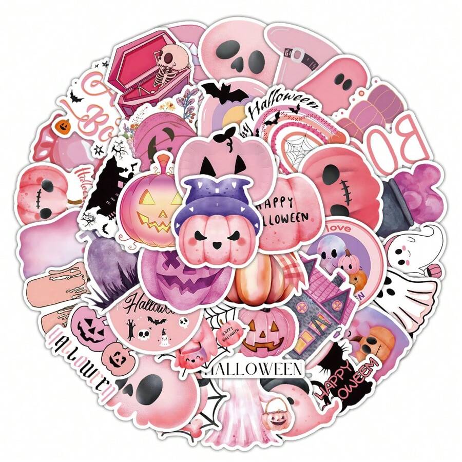 51 张儿童粉色万圣节贴纸，酷炫恐怖万圣节贴纸，适用于青少年女孩成人水瓶、滑板、手机、笔记本电脑、自行车、旅行箱（粉色万圣节） - 彩色 - 查看 1