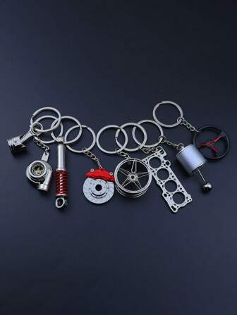 1 pieza/8 piezas Set de llaveros de piezas de automóvil con volante de metal, disco de freno, llanta, resorte, junta automotriz, transmisión manual, pistones automotrices, rotor de motor, regalo de Halloween, recuerdo, accesorios de automóvil escolares, gótico lindo Y2k