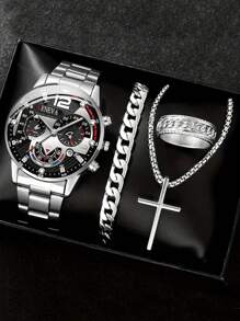 3pcs/Set Fashionable Men's Business Multifunction Dial Quartz Watch With Stainless Steel Band + Titanium Steel Bracelet Necklace Set, Suitable For Halloween, Anniversary, Birthday Gift