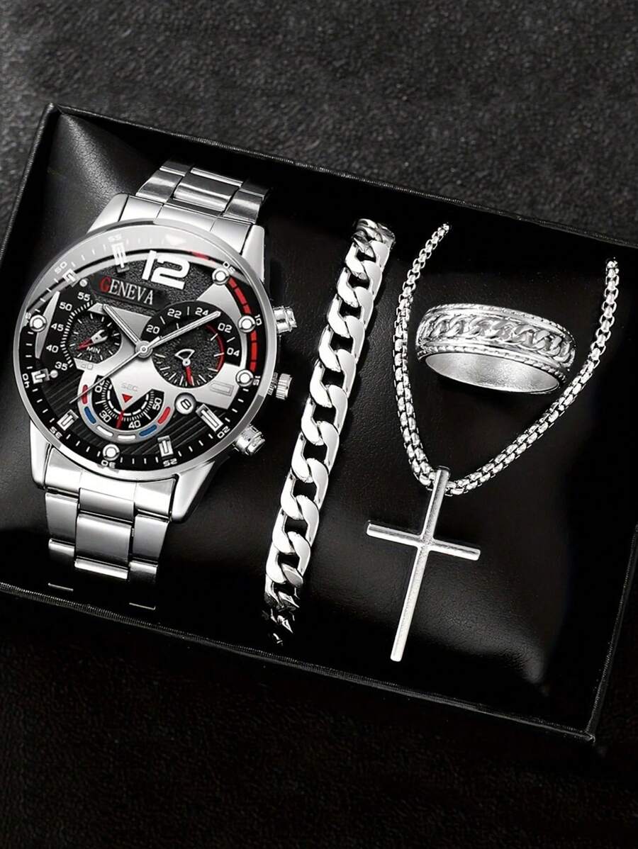 3pcs/Set Fashionable Men's Business Multifunction Dial Quartz Watch With Stainless Steel Band + Titanium Steel Bracelet Necklace Set, Suitable For Halloween, Anniversary, Birthday Gift