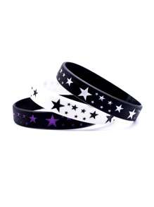 3pcs Black And White Silicone Wristband With Star Pattern - 3pcs Five-pointed Star Silicone Bracelet - View 9