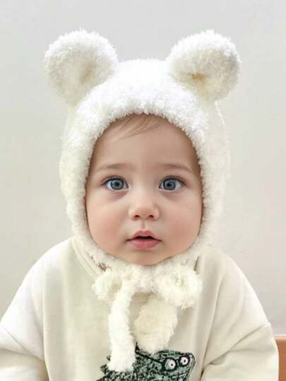 1 件装婴儿可爱熊耳饰针织帽，柔软温暖的护耳帽，男女通用，适合日常户外保暖