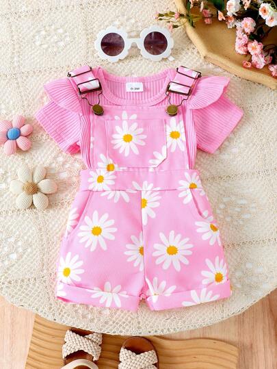 2pcs/Set Baby Girls Cute Short Sleeve Romper + Suspender Pants Set, Summer