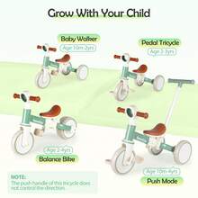 Kids Tricycle With Push Handle For Toddlers 1-4 Years Old Boys Girls Gift, 5 In 1 Baby Balance Bike For Toddlers 1-3 With Removable Pedals (No Parent Steering Version) - Mint Green - View 2