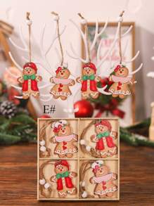 12 件/盒全新圣诞装饰品木制姜饼人、圣诞老人、雪花、驯鹿、雪橇木制装饰品 - 彩色 - 查看 13