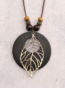 1pc Retro Bohemian Style Wooden Alloy Leaf Pendant Necklace, Fashion Halloween Holiday Gift Decoration, Unisex Jewelry, Student Souvenir Gift