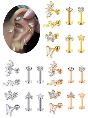 8pcs Stainless Steel Ear Ring  Tragus Cartilage Hoop Cartilage Earring Stud Ear Bone Stud CZ Serpentine Butterfly 16G Body Piercing Jewelry Mix And Match Stylish, Simple And Comfortable To Wear