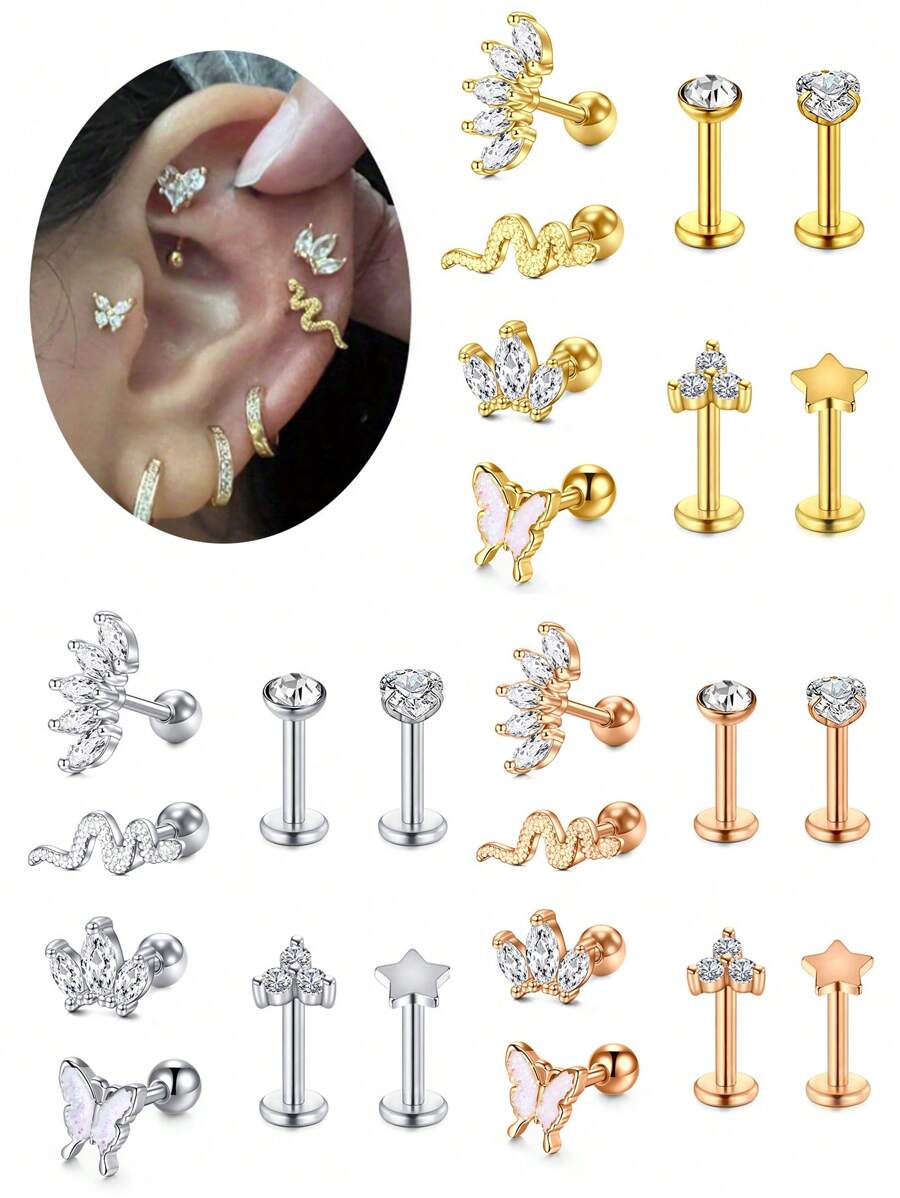8pcs Stainless Steel Ear Ring  Tragus Cartilage Hoop Cartilage Earring Stud Ear Bone Stud CZ Serpentine Butterfly 16G Body Piercing Jewelry Mix And Match Stylish, Simple And Comfortable To Wear - Ear Bone Studs - View 1