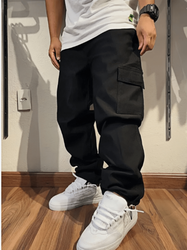Calça Cargo jeans e sarja Larga Masculina Skate Caqui 6 Bolsos Fechamento Cordão unisex