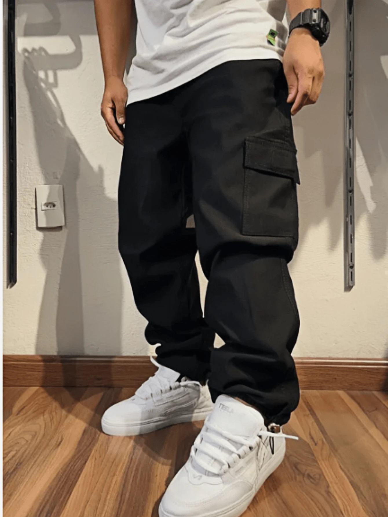 Men's Wide Leg Cargo Jeans And Twill Skate Pants Khaki 6 Pockets Drawstring Closure Unisex