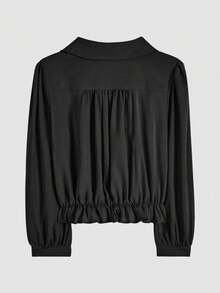 1pc Spring Casual Solid Color Button-Up Long Sleeve Shirt Black - Black - View 5