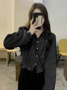 1pc Spring Casual Solid Color Button-Up Long Sleeve Shirt Black - Black - View 2