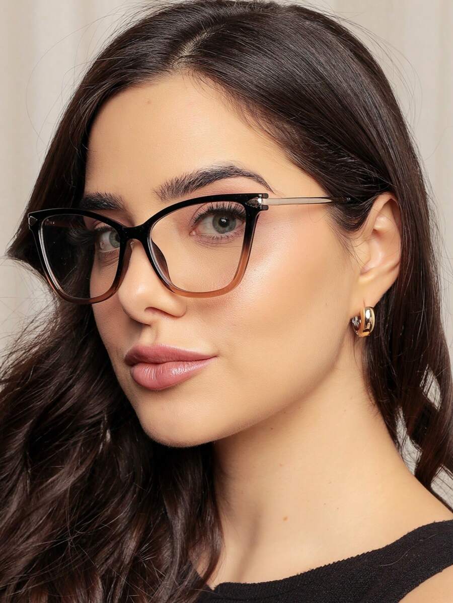 WOMEN'S CAT EYE GLASSES FRAME TR90 METAL TEMPLE ANTI UV400 LENS REST - 黑色配棕 - 查看 1
