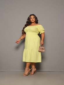 Plus Size Long Off-The-Shoulder Dress With Ruffle Sleeves - màu đen - Xem 2