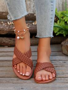 欧美风格女士白色平底凉鞋，简约设计沙滩休闲户外拖鞋，PU 皮革交叉带 - 棕色 - 查看 4