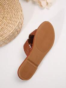 欧美风格女士白色平底凉鞋，简约设计沙滩休闲户外拖鞋，PU 皮革交叉带 - 棕色 - 查看 6