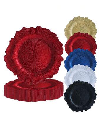 6/48/100 قطعة، طبق شاحن مرجاني أحمر بقطر 12.6 بوصة، مصنوع من بلاستيك بولي بروبيلين قوي وقابل لإعادة الاستخدام، أطباق خدمة لحفلات الزفاف والحفلات وعيد الميلاد والحفلات الفردية وتنسيق طاولة العشاء، ألوان: ذهبي، فضي، أزرق، أسود