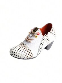 1 Pair Of Ladies Leather Polka Dot Shallow High Heel Single Shoes Fashion Retro Wear Autumn And Winter New Leather Shoes - 白色 - 查看 2
