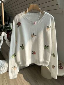 FOR BEAUTY 女式花卉刺绣圆领长袖针织毛衣，时尚宽松落肩套头衫，适合春秋季、狂欢节、情人节、新年休闲度假穿着，白色 - 白色 - 查看 3