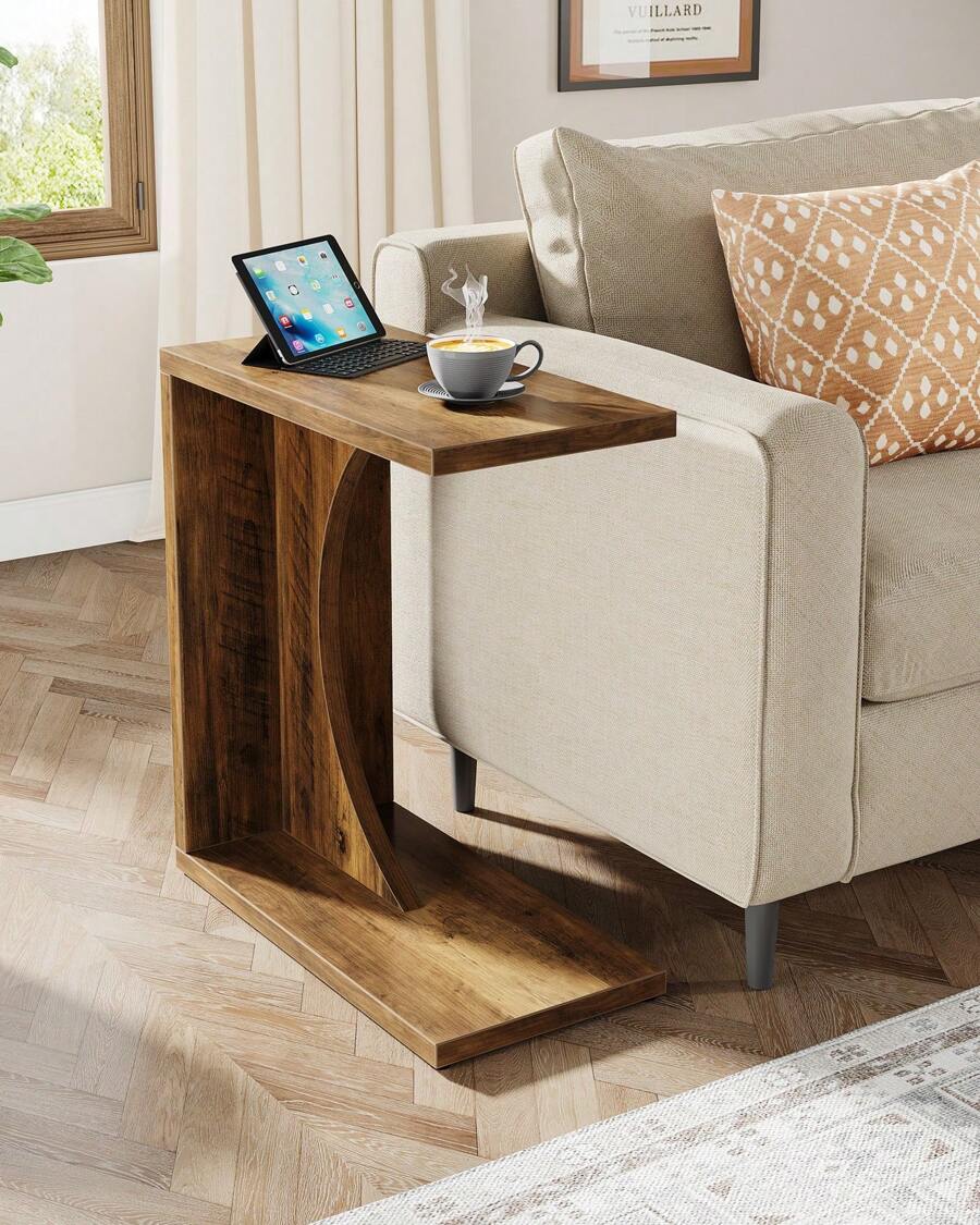 LITTLE TREE Rustic Brown C-Shaped End Table, Small Sofa Side Table Couch Table For Living Room, Bedroom - 質樸棕色 - 查看 1