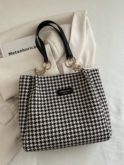 针织面料多材质拼布时尚金属字母烫金皮革贴片装饰大容量链条肩带斜挎包双色千鸟格纹休闲手提单肩包，新款秋冬女包，最佳秋季钱包