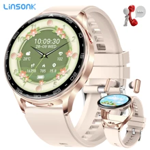 LinsonK 1 件装男女智能手表带耳塞蓝牙通话 1.39 英寸高清屏幕二合一户外智能手表 IP67 防水健身追踪器带睡眠监测计步器适用于 iOS Android - 金色 - 查看 3