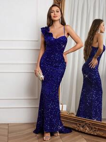 CHOSMO Chân váy đính sequin màu xanh hải quân ôm sát, thiết kế hở lưng, cạp cao, khóa kéo phía sau, dây đeo vai đơn, chân váy xếp ly kiểu đuôi cá, váy dạ hội thanh lịch, váy maxi nữ, váy hẹn hò, váy dạ hội đính sequin, váy dự tiệc trang trọng, phù hợp cho khách dự đám cưới, lễ tốt nghiệp, tiệc gala và các dịp khác. - Xanh đậm - Xem 7