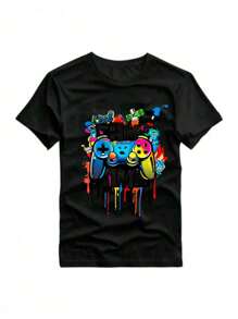 Men's Spring And Summer Anime Print T-Shirt, Fashion Casual Style Short-Sleeved, Leisure Sports Novelty Top - 黑色 - 查看 1